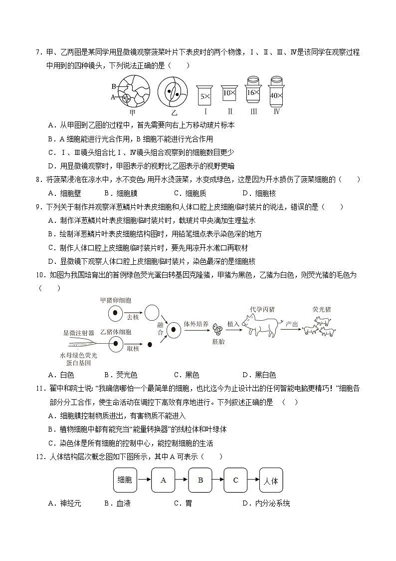 2024年中考生物第三次模拟考试（苏州卷）03