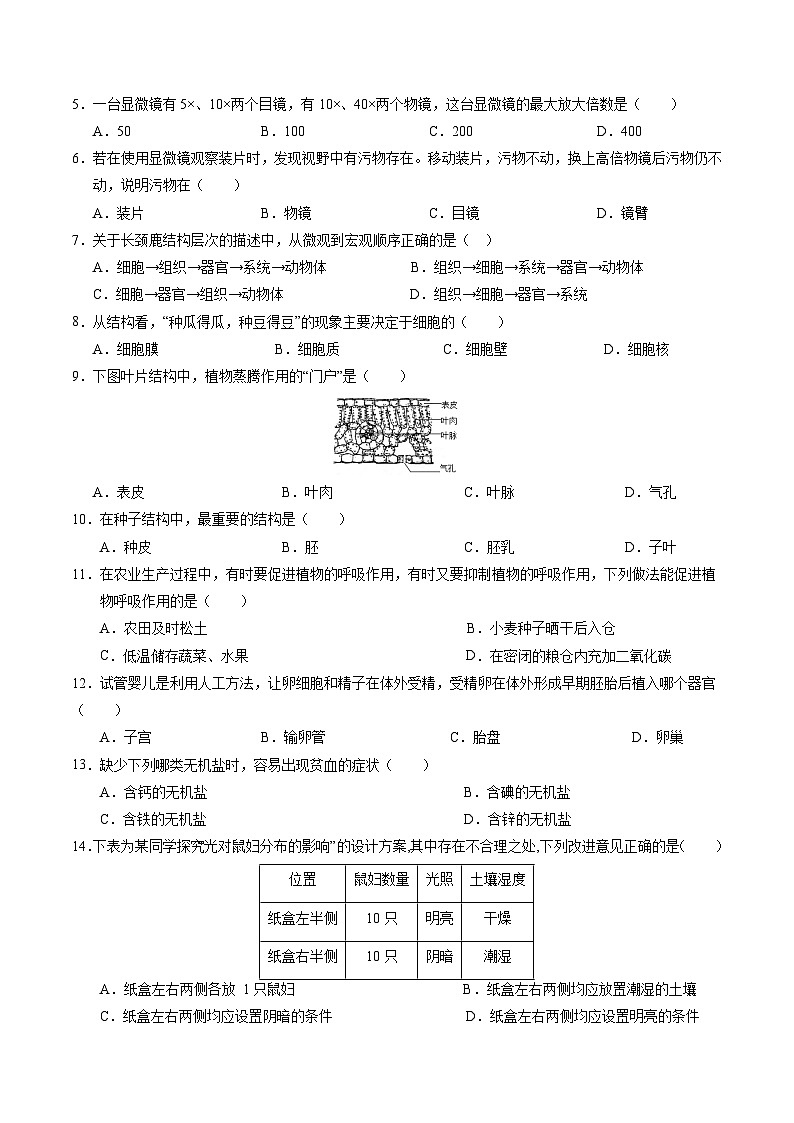 2024年中考生物押题预测卷01-（含考试版、答案、解析和答题卡）02