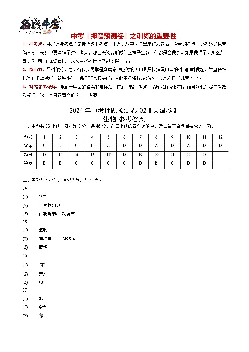2024年中考押题预测卷02（天津卷）-生物（参考答案及评分标准）第1页