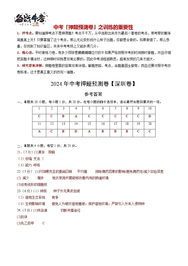 2024年中考生物押题预测卷（深圳卷）-（含考试版、答案、解析和答题卡）01