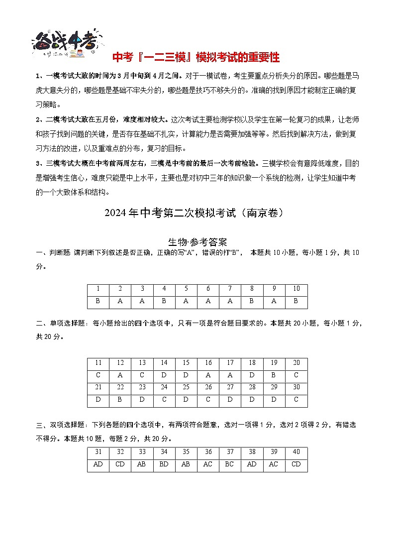 生物（南京卷）（参考答案及评分标准）第1页