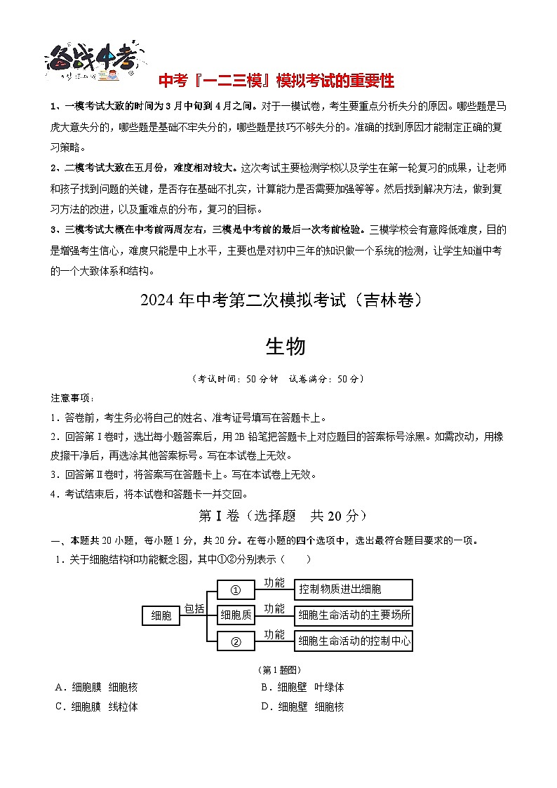2024年中考生物第二次模拟考试（吉林卷）01