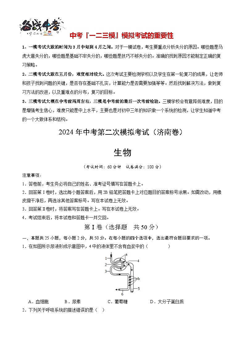 2024年中考生物第二次模拟考试（山东济南卷）01