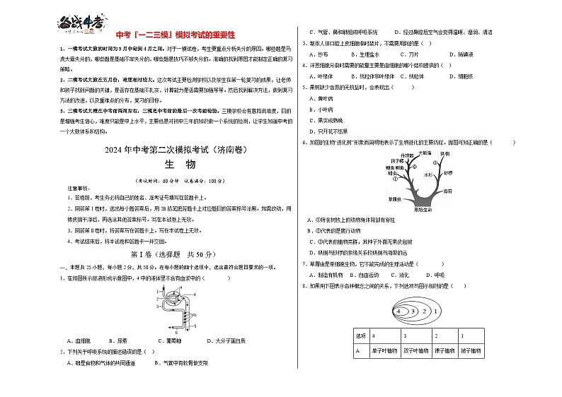 2024年中考生物第二次模拟考试（山东济南卷）01
