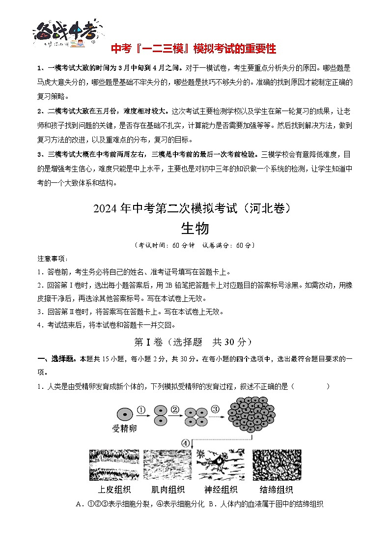 2024年中考生物第二次模拟考试（河北卷）01