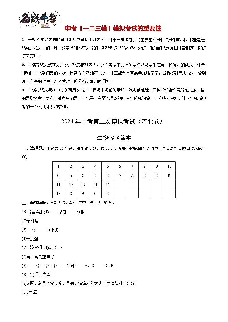2024年中考生物第二次模拟考试（河北卷）01