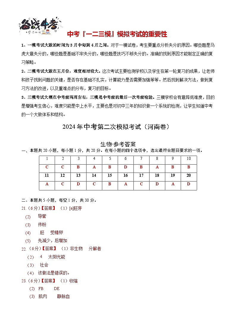 2024年中考生物第二次模拟考试（河南卷）01