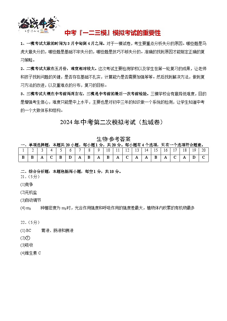 2024年中考生物第二次模拟考试（盐城卷）01