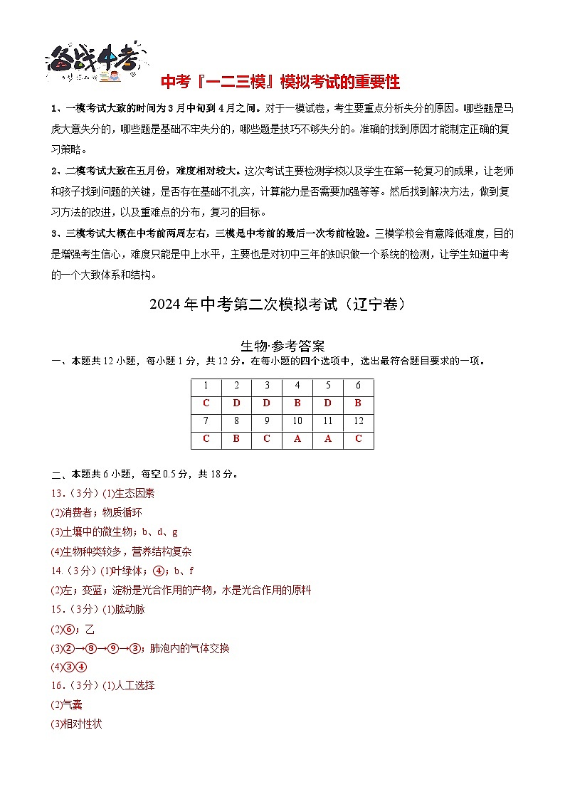 生物（辽宁卷）（参考答案及评分标准）第1页