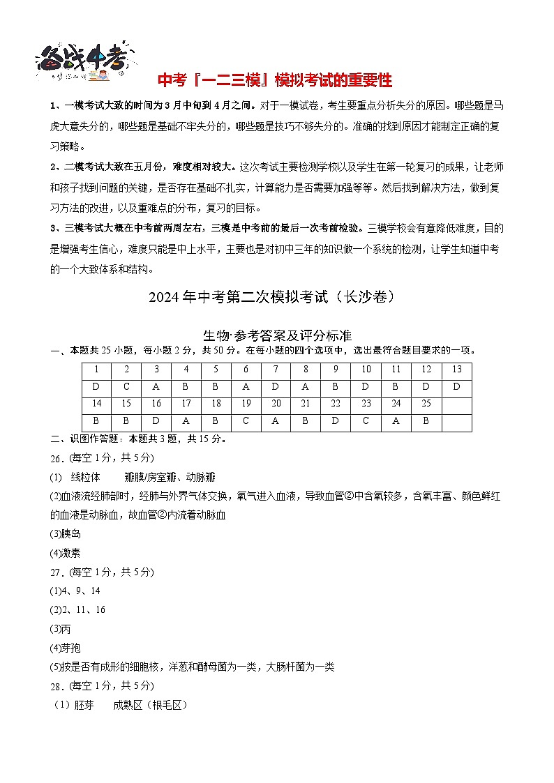 2024年中考生物第二次模拟考试（长沙卷）01