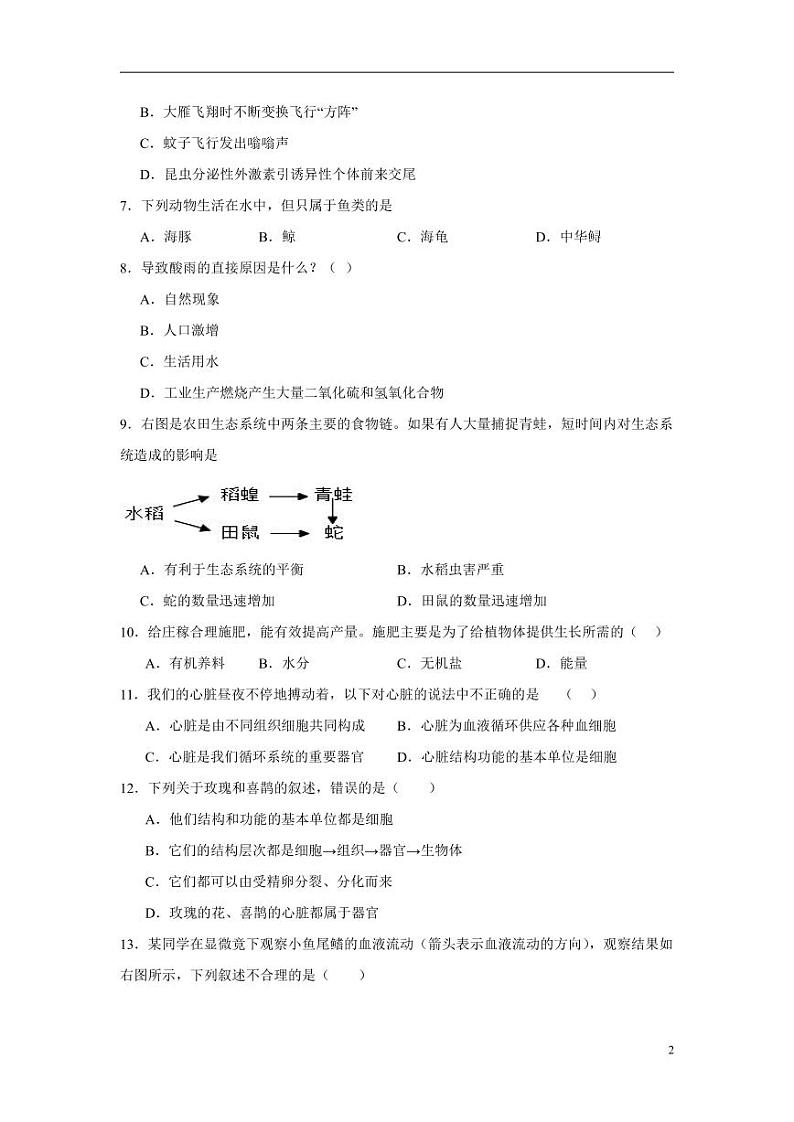 卷02-2024年中考生物考前冲刺模拟卷（山西专用）（原卷版）02