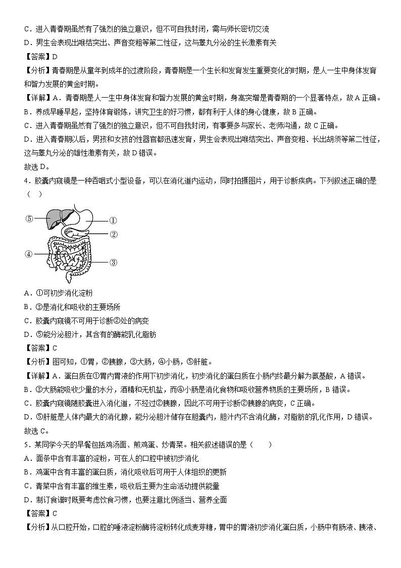 [生物]七年级下学期期末模拟卷（安徽专用）第2页