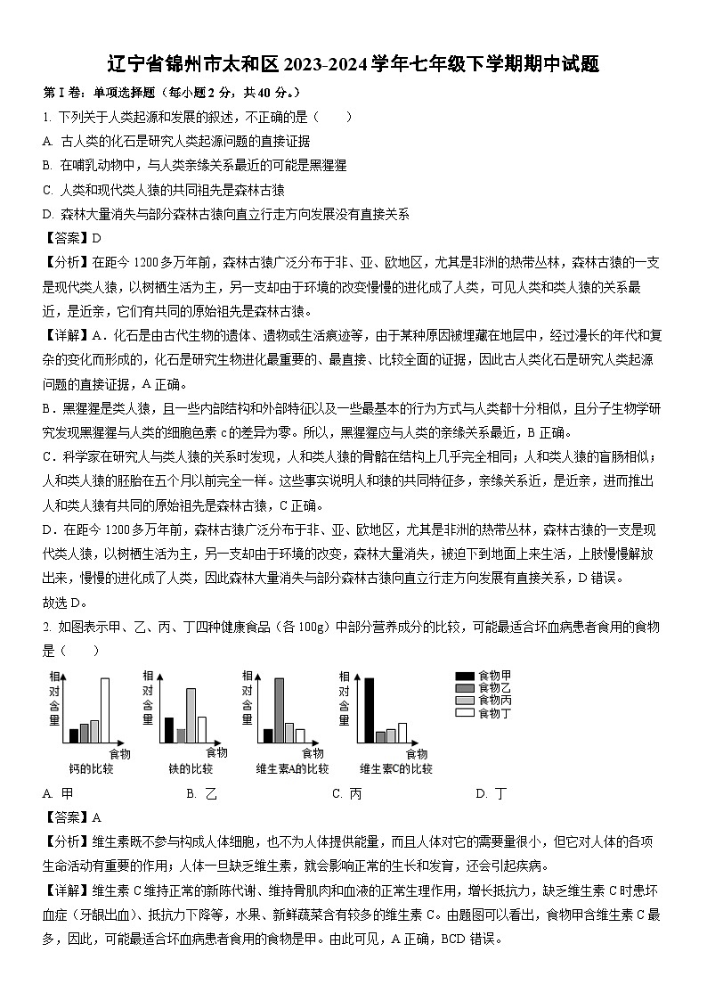 [生物]辽宁省锦州市太和区2023-2024学年七年级下学期期中试题（解析版）01