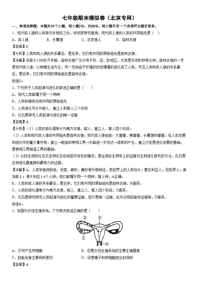 [生物]七年级下学期期末模拟卷（北京专用）（解析版）01