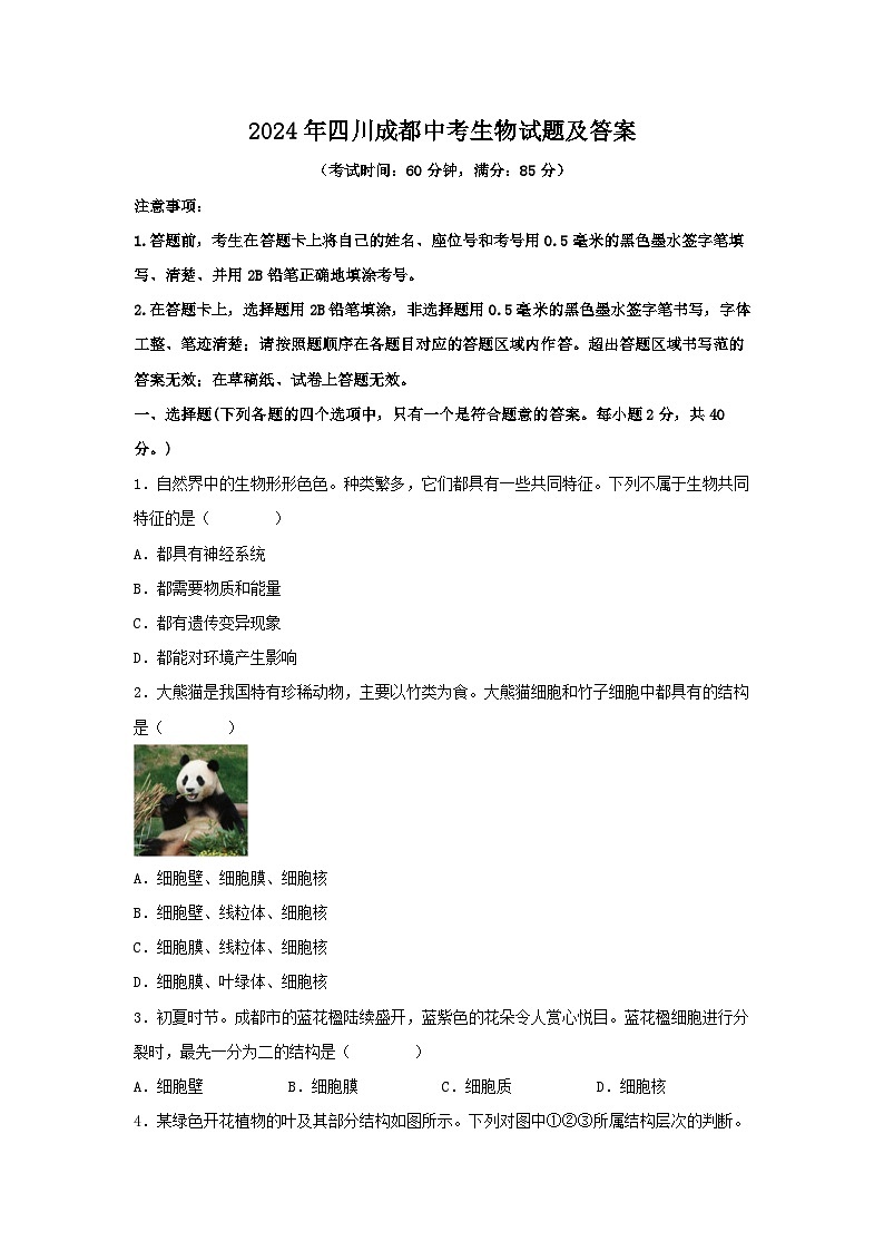 2024年四川成都中考生物试题及答案01