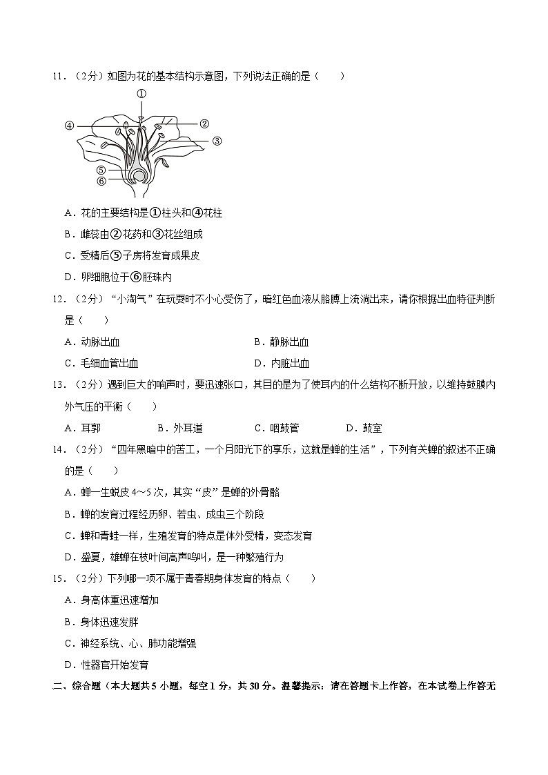 2024年广西百色市田阳区中考生物一模试卷03
