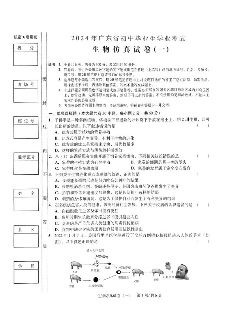 [生物]2024年广东省初中毕业生物学业考试中考生物模拟试卷（一）（无答案）人教版第1页