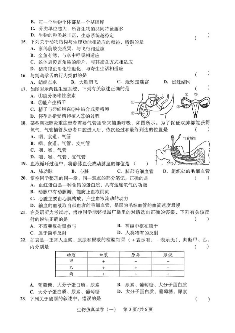 [生物]2024年广东省初中毕业生物学业考试中考生物模拟试卷（一）（无答案）人教版第3页