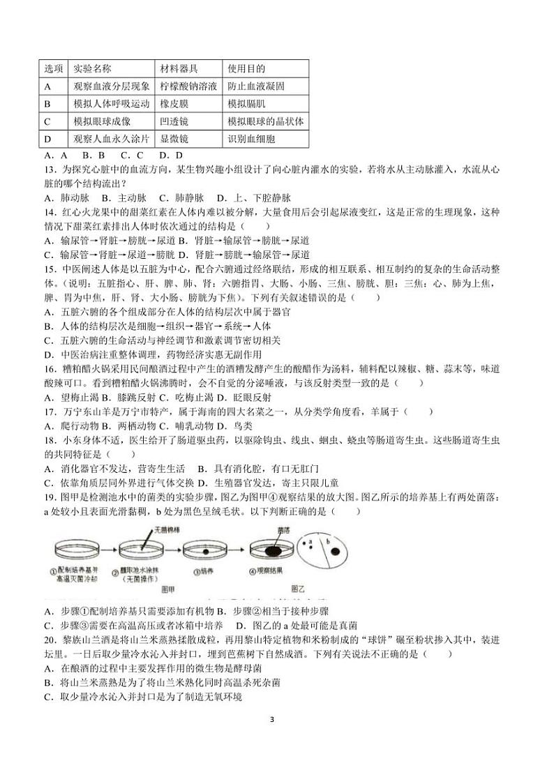 [生物]2024年海南省省直辖县级行政单位文昌市部分学校联考中考三模生物试题（含答案）第3页