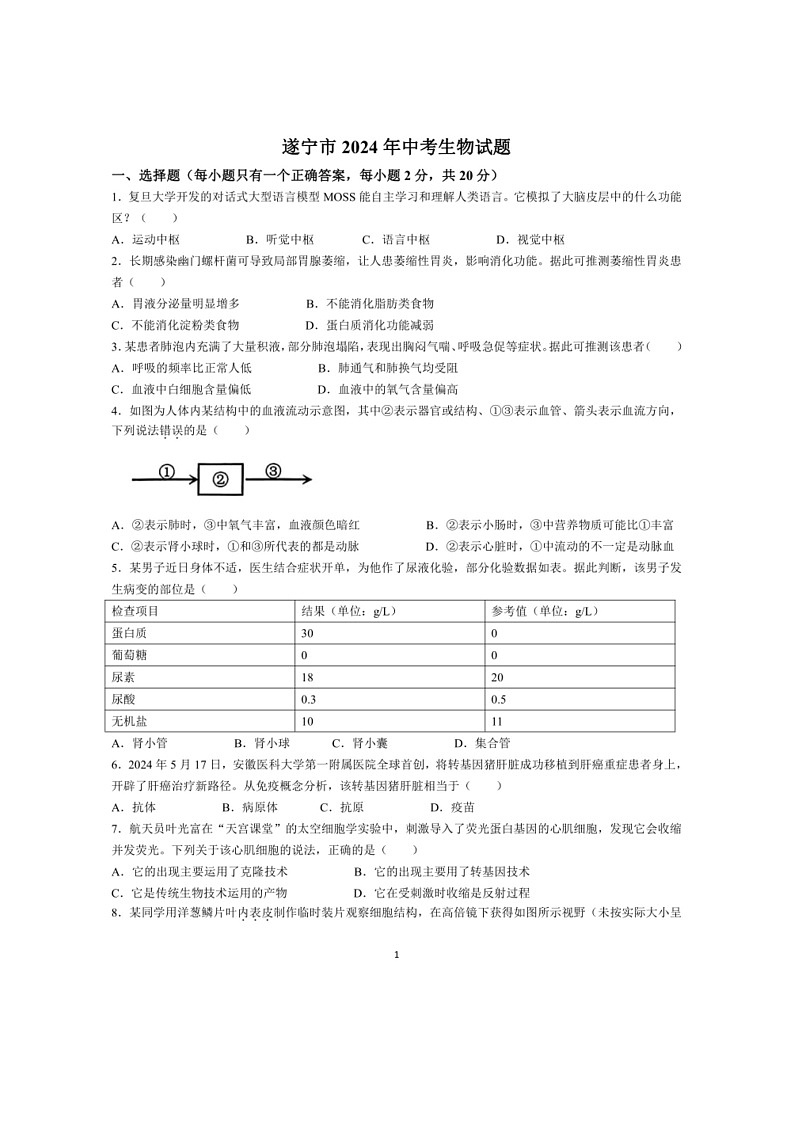 [生物]2024年四川省遂宁市中考生物试题(无答案)01