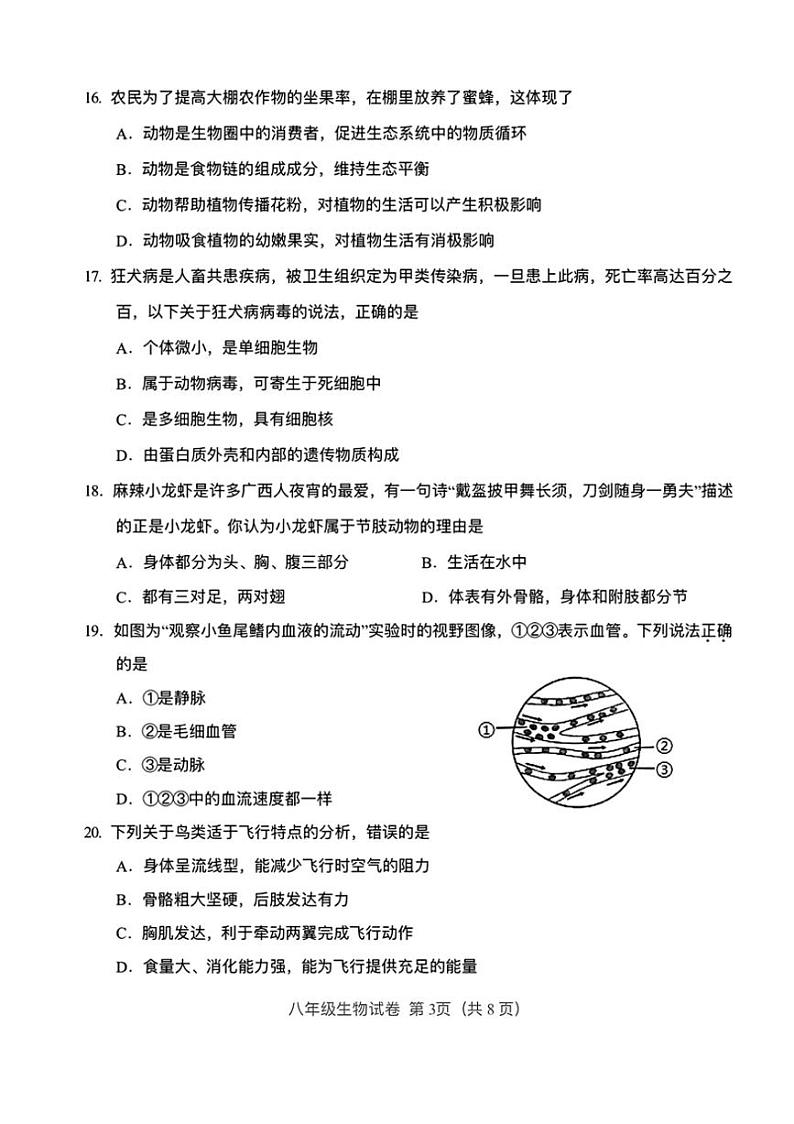 [生物]2024年天津市西青区中考二模考试生物试题（无答案）人教版03