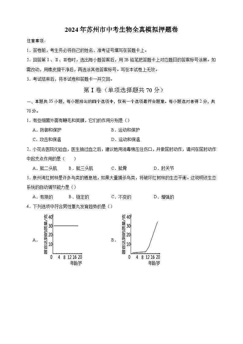 2024年苏州市中考生物全真模拟押题卷（含答案解析）第1页
