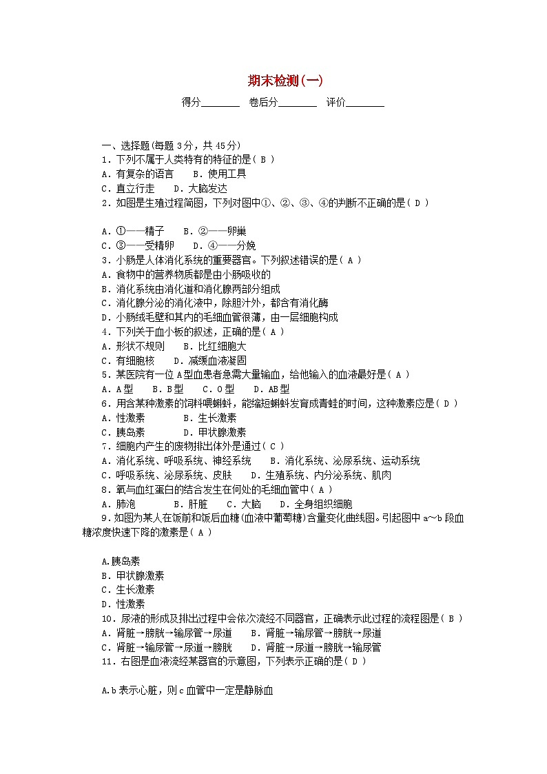 2024七年级生物下学期期末检测一新版新人教版第1页