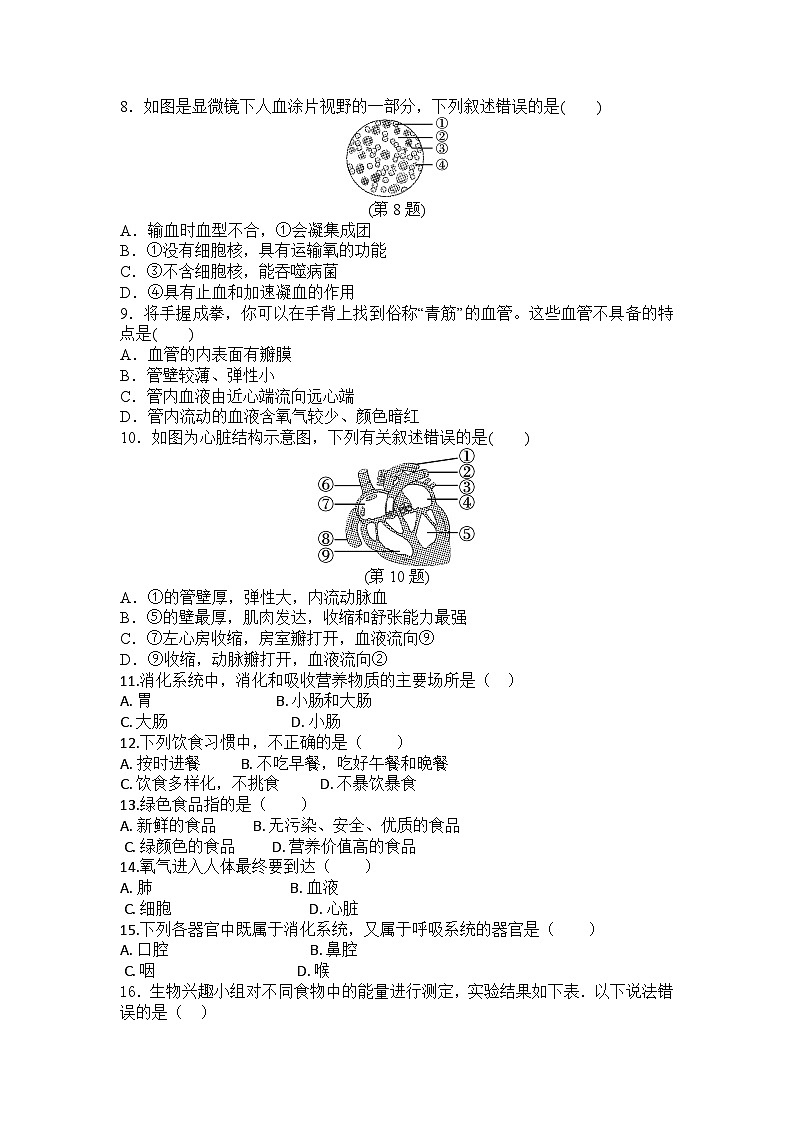 2023-2024学年人教版生物学七年级下册期末复习测试题（含答案）02