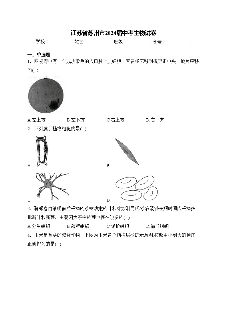 江苏省苏州市2024届中考生物试卷(含答案)01