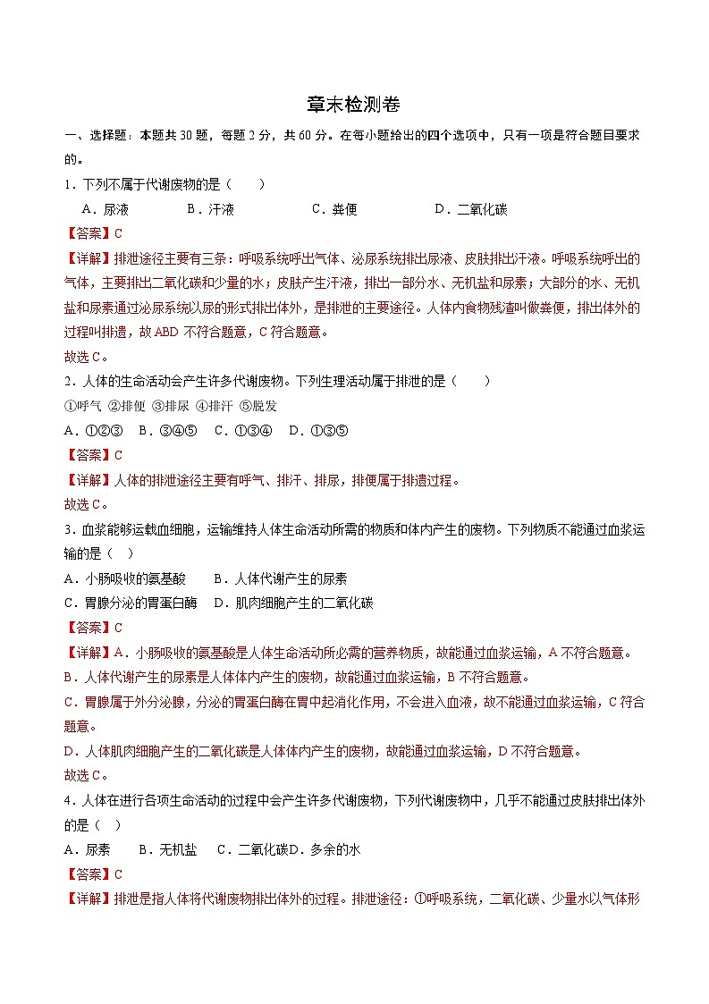第5章  人体内废物的排出【考题猜想】-2023-2024学年七年级生物下学期期末考点大串讲（人教版）01