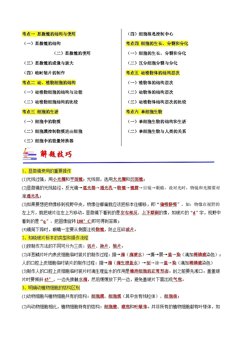 专题02 生物体的结构层次-备战2024年中考生物一轮复习考点归纳与解题技巧（原卷版+解析版）02