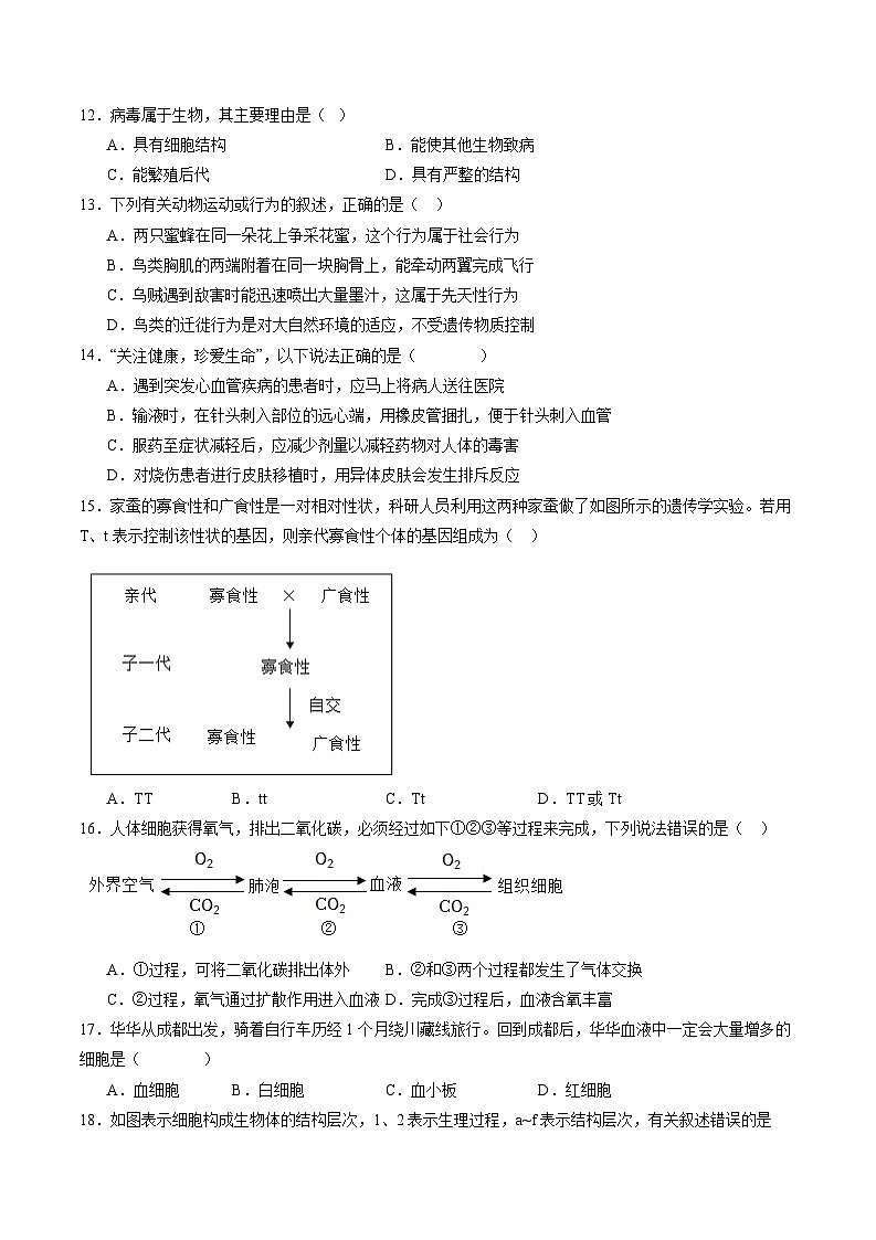 卷03-【临考满分】2024年中考生物临考满分卷（云南卷）（试卷版）第3页
