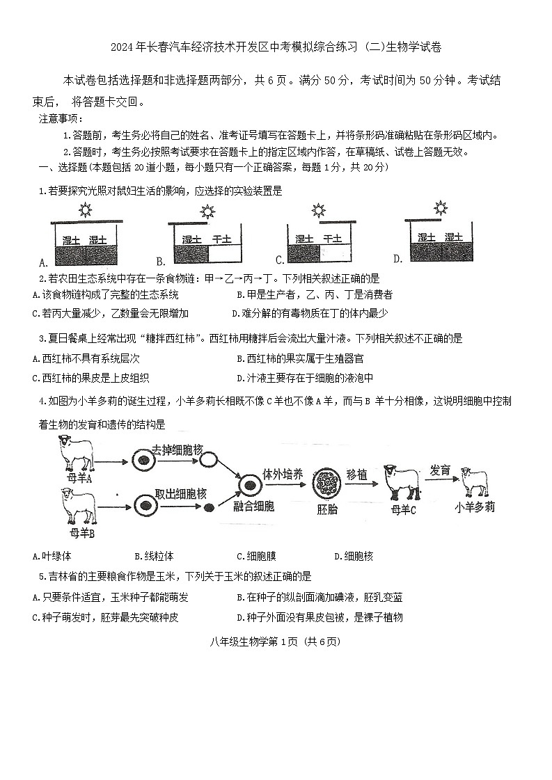 2024年吉林省长春汽车经济技术开发区中考模拟综合练习（二模）生物学试卷01