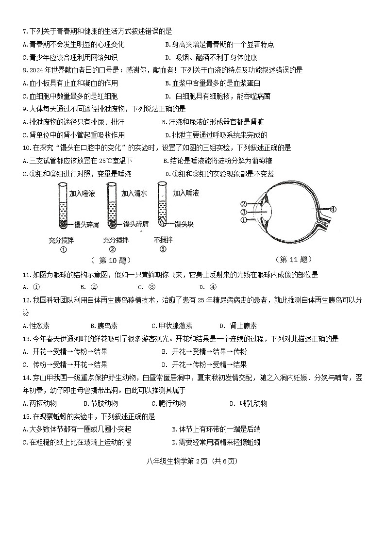 2024年吉林省长春汽车经济技术开发区中考模拟综合练习（三模）生物学试卷第2页