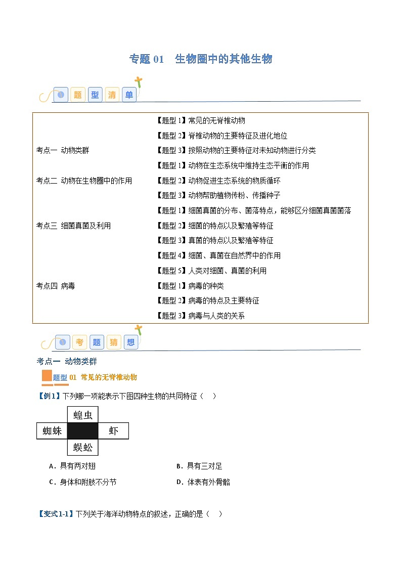 八年级生物上期末 专题01 生物圈中的其他生物（考题猜想）（原卷版+解析版）01