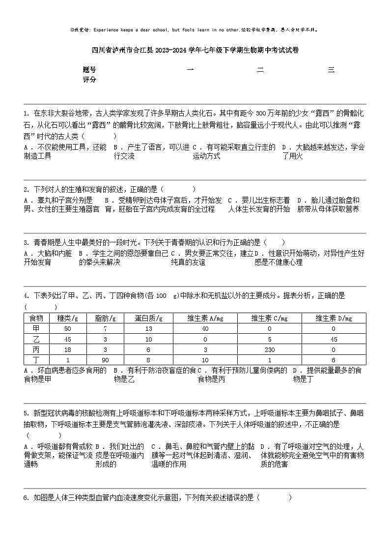 [生物]四川省泸州市合江县2023-2024学年七年级下学期生物期中考试试卷第1页