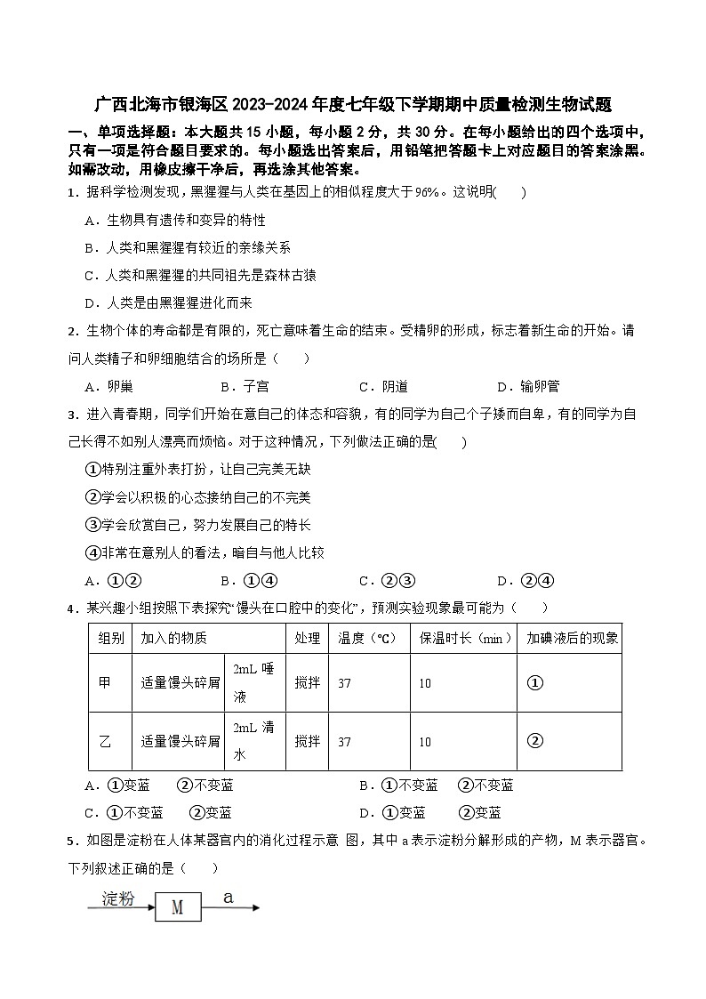 广西北海市银海区2023-2024学年七年级下学期期中质量检测生物试题+01