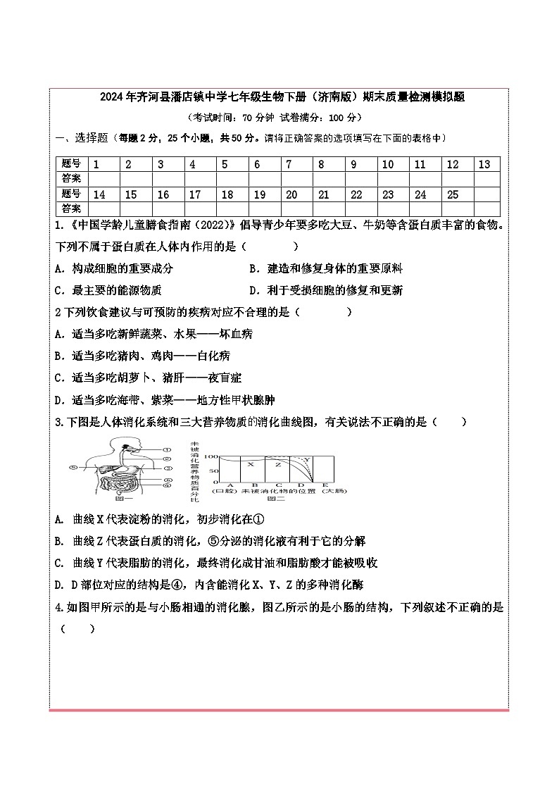 2024年山东省齐河县潘店镇中学七年级生物下册期末质量检测模拟题.第1页