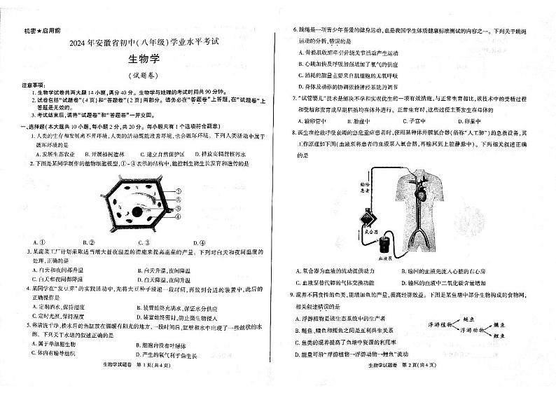 2024年安徽省中考生物试题01