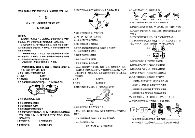 2024年湖北省初中学业水平考试生物模拟试卷五01