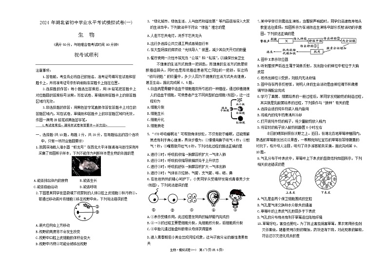 2024年湖北省初中学业水平考试生物模拟试卷一第1页