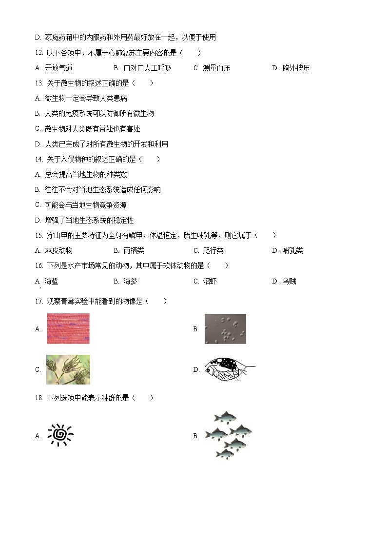 2024年中考真题：上海市生物试题03