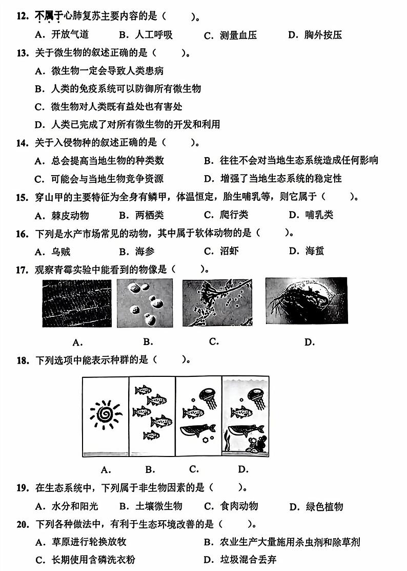 2024年中考真题：上海市生物试题03