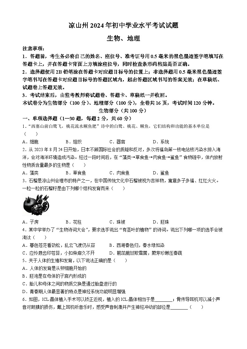2024年中考真题：四川省凉山州生物试题(无答案)第1页