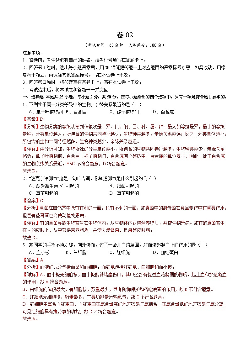 卷02-【临考满分】2024年中考生物临考满分卷（福建卷）（解析版）第1页