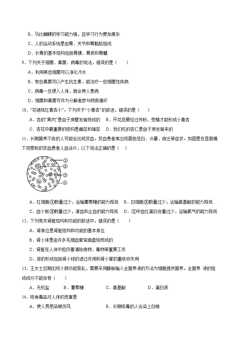 2024年山东枣庄初中生物会考模拟试卷（原卷版）第2页