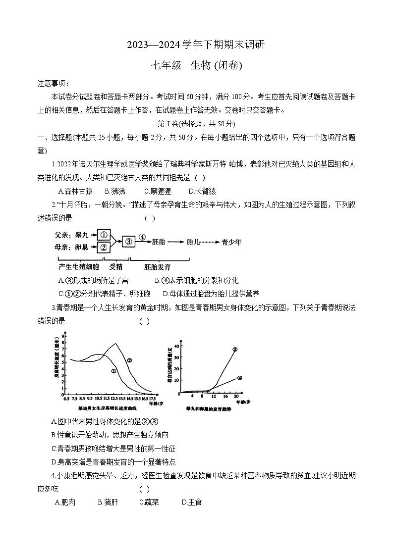 河南省郑州市高新区2023-2024学年七年级下学期期末调研生物试卷+第1页