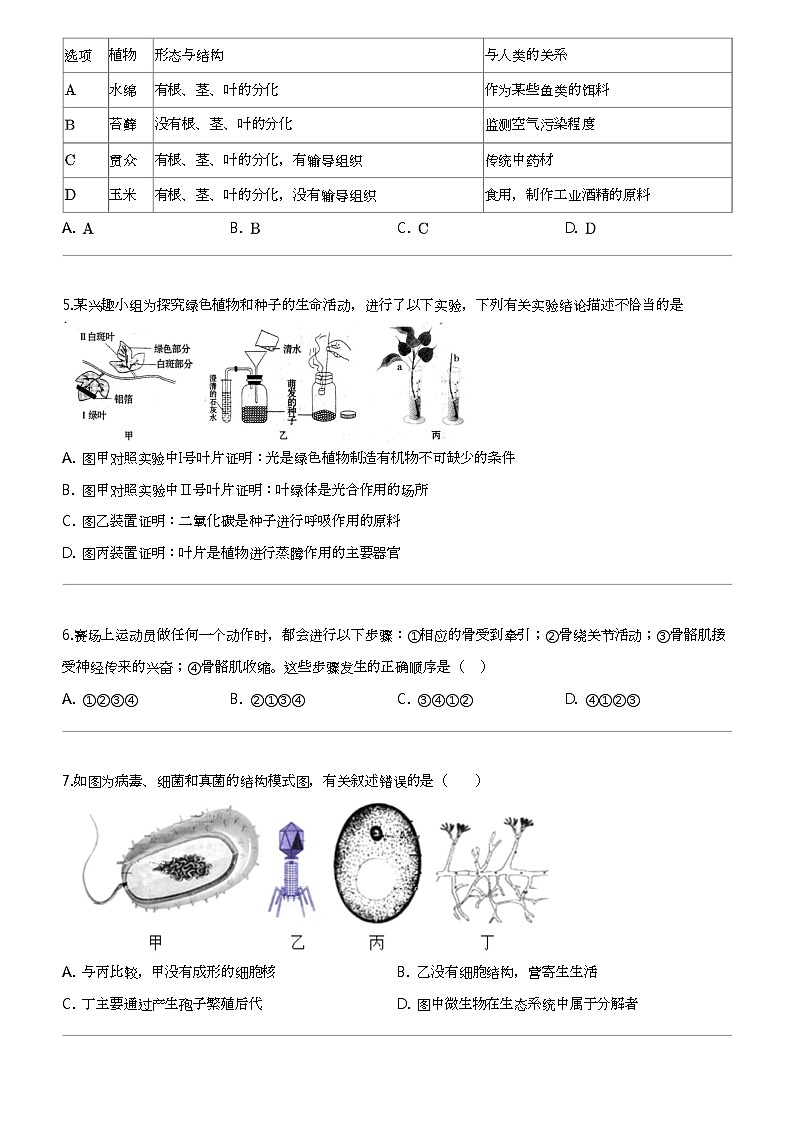 [生物]2024年山东枣庄市中区中考一模生物试卷02