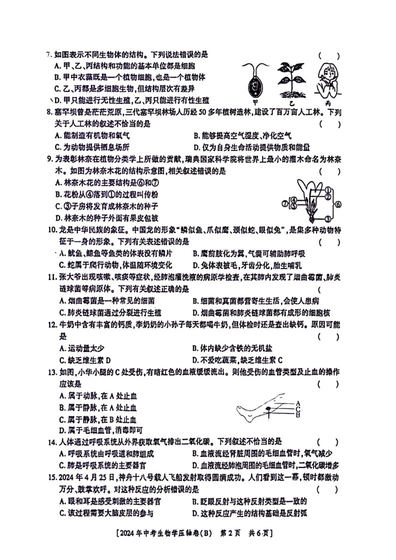 [生物]2024年陕西省咸阳市永寿县部分学校八年级中考模拟预测生物学试题（B）（PDF版含答案）第2页