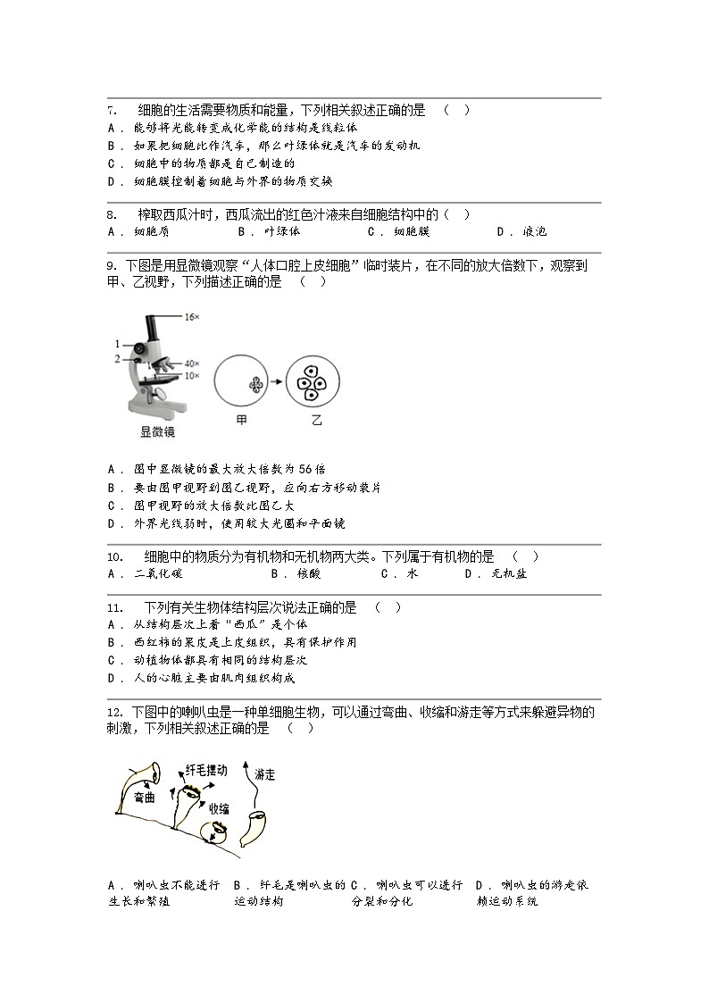 [生物]广东省汕头市潮阳区2023-2024学年七年级上学期期末考试生物试题02